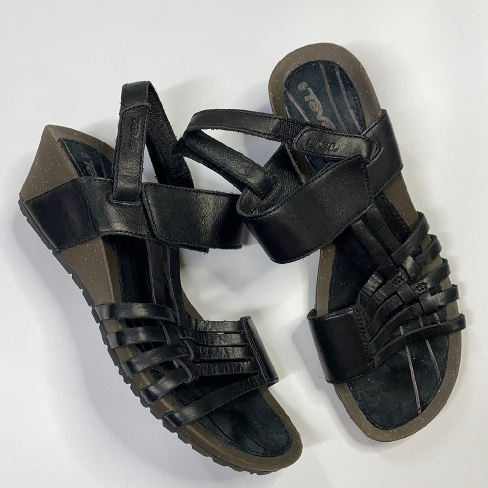 Teva Strappy Platform Wedge Heel Sandals Black Leather 1012147 Size 8